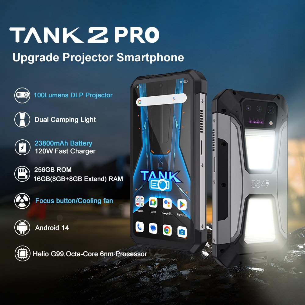 Unihertz 8849 Tank2 Pro 100 lumens Projector Rugged Smart phone 12+256GB Cellphone 100MP Night Vision Camping Light Mobile Phone